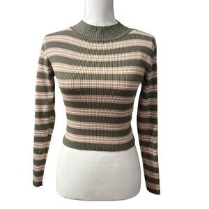 Striped Olive & Beige Ribbed Knit Long Sleeve Cropped Sweater Womans Juniors M